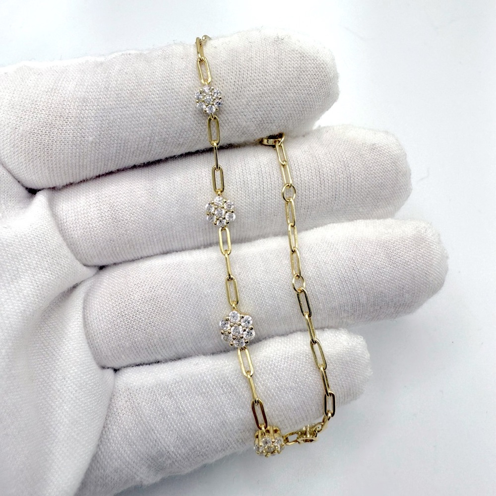 7” Gold Plated over .925 Sterling Silver Cz Flower Bracelet - Picture 2 of 16